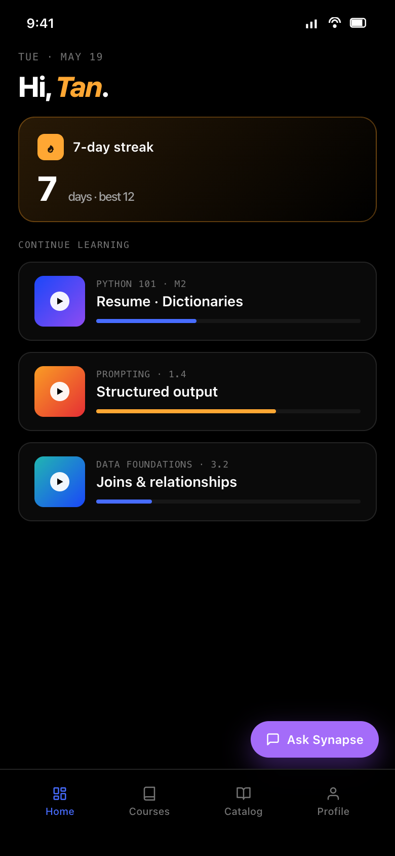 Synapsa learner home on iPhone — streak, continue learning and the Synapse copilot